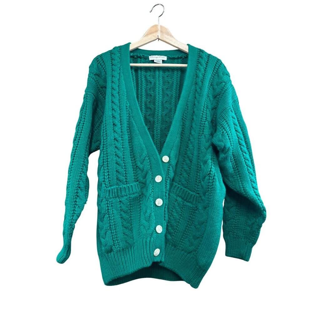 Carriage Court Green Cable Knit Cardigan Sweater M